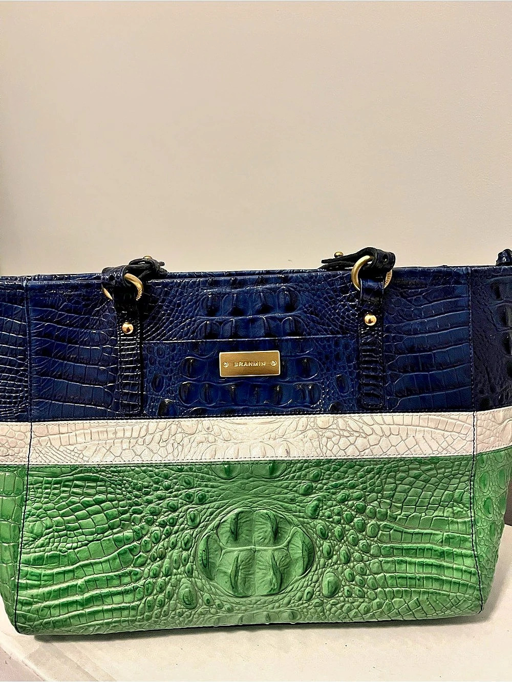BRAHMIN Color Block Croc-Embossed Tote in Blue & Green